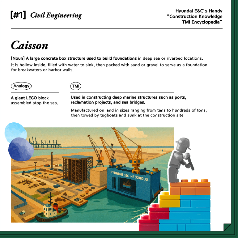 #1. Civil Engineering Caisson  [Noun]  A large concrete box structure used to build foundations in deep sea or riverbed locations. It is hollow inside, filled with water to sink, then packed with sand or gravel to serve as a foundation for breakwaters or harbor walls. Analogy A giant LEGO block assembled atop the sea. TMI Used in constructing deep marine structures such as ports, reclamation projects, and sea bridges.  Manufactured on land in sizes ranging from tens to hundreds of tons, then towed by tugboats and sunk at the construction site
